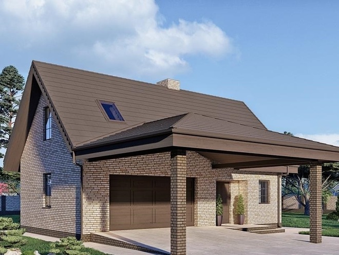 Гостевой дом с мансардой, большим гаражом и навесом на два автомобиля, проект C01