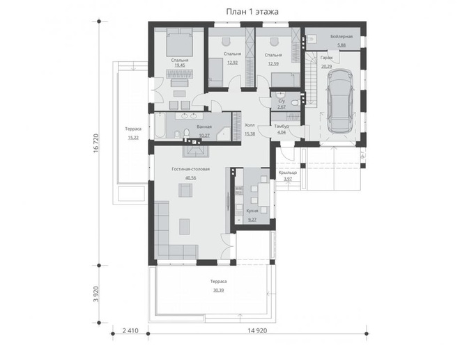 Одноэтажный жилой дом с подвалом и гаражом, проект C02