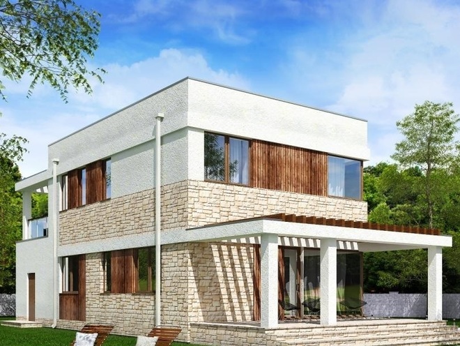 Проект двухэтажного жилого дома с гаражом и террасами, проект C03