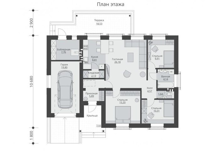 Одноэтажный дом с чердаком, гаражом и терасой, проект C04