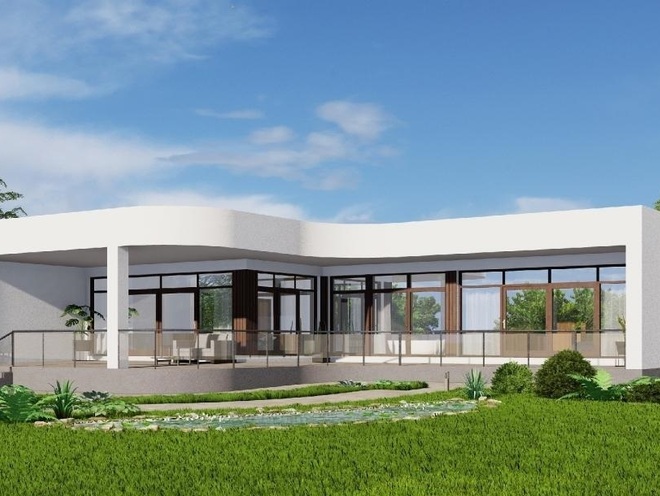 Одноэтажный дом с террасой и тремя спальнями, проект A003