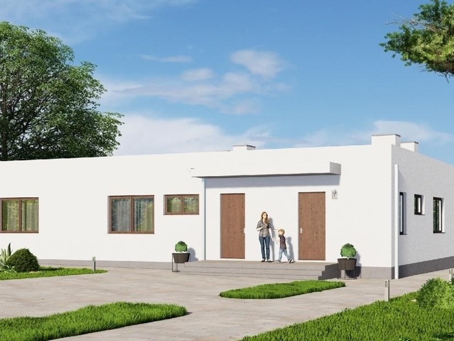 Одноэтажный дом с террасой и тремя спальнями, проект A003