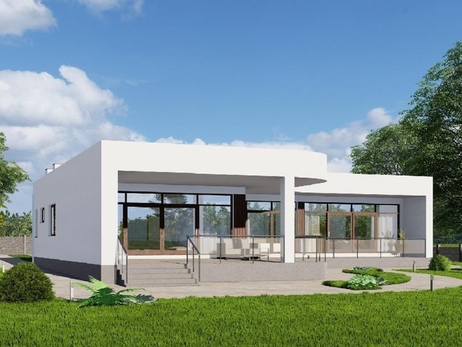 Одноэтажный дом с террасой и тремя спальнями, проект A003