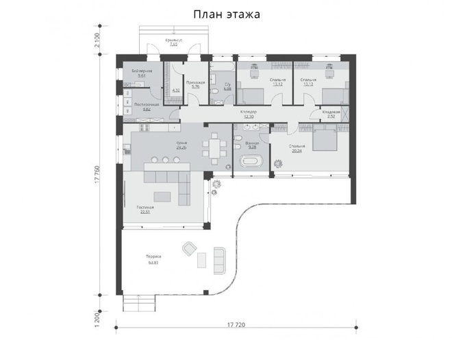 Одноэтажный дом с террасой и тремя спальнями, проект A003