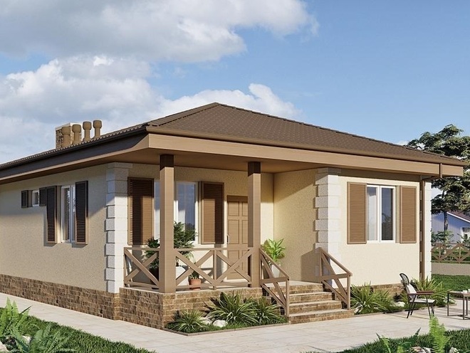 Одноэтажный дом с террасой, 1 спальней и парилкой, проект A005
