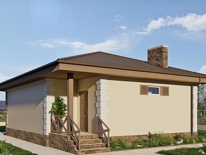 Одноэтажный дом с террасой, 1 спальней и парилкой, проект A005