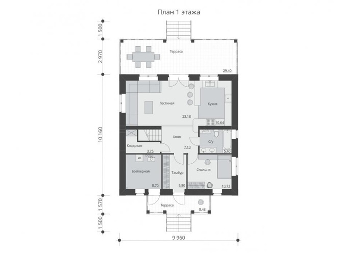 Проект двухэтажного дома с террасами, проект B001