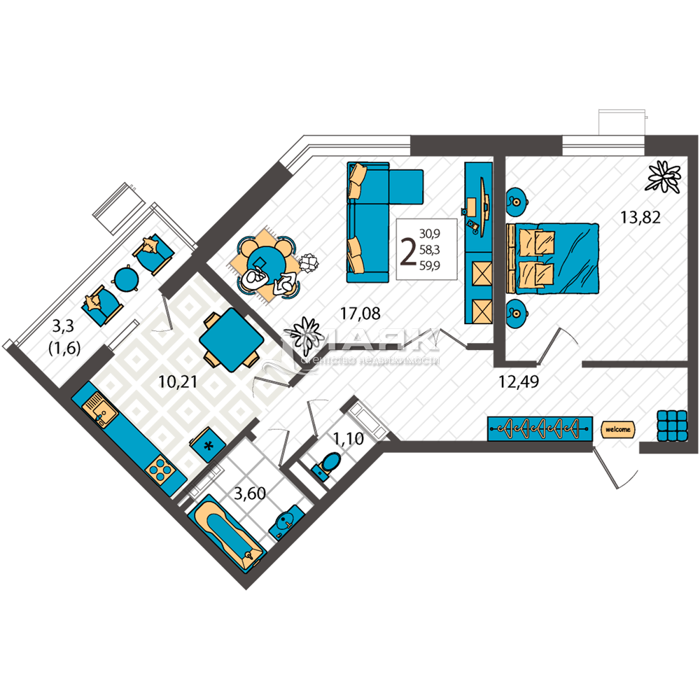 2-к. квартира 59.9 кв.м, 4/9