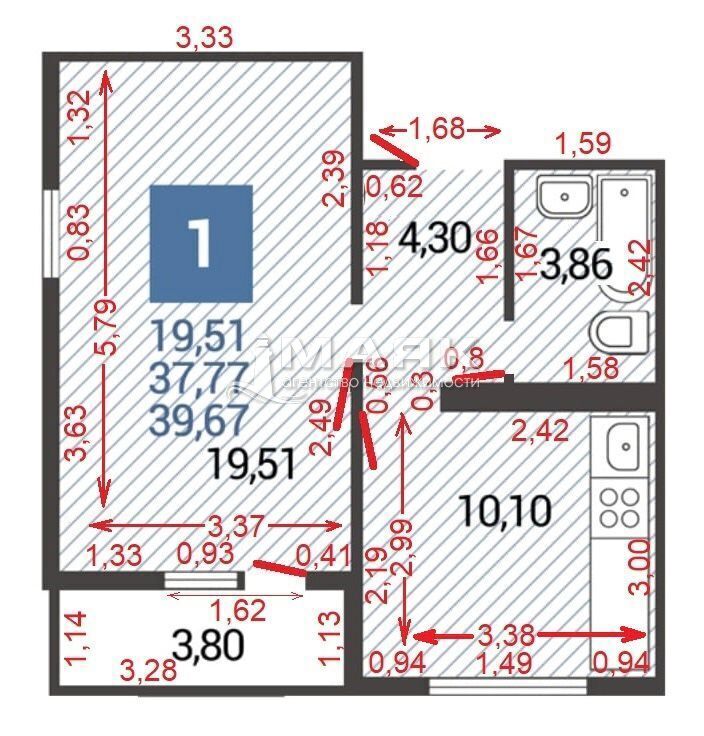 1-к. квартира 39.67 кв.м, 8/16