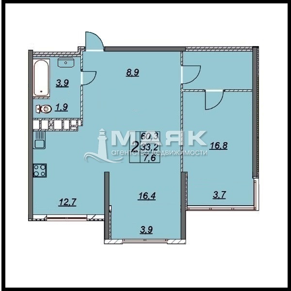 2-к. квартира 68.3 кв.м, 2/12