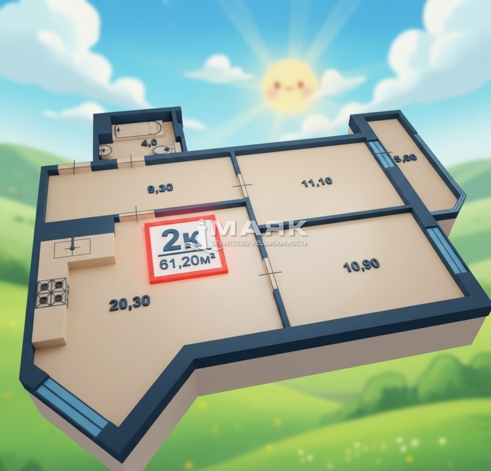 2-к. квартира 61 кв.м, 6/15