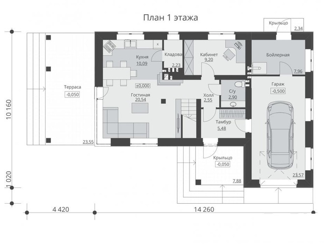 Проект двухэтажного жилого дома с гаражом и террасами, проект C03