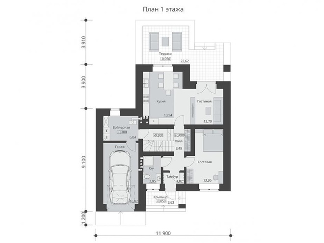 Двухэтажный дом с подвалом, гаражом и четырьмя спальнями, проект B002