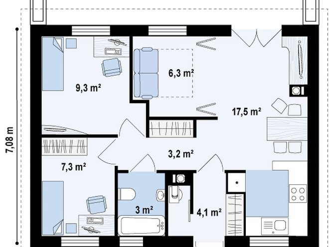 Одноэтажный дом с гаражом 65 м², проект ОД017