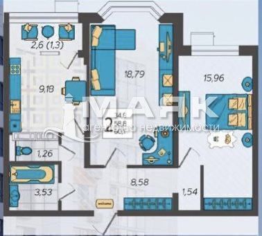 2-к. квартира 62 кв.м, 4/9
