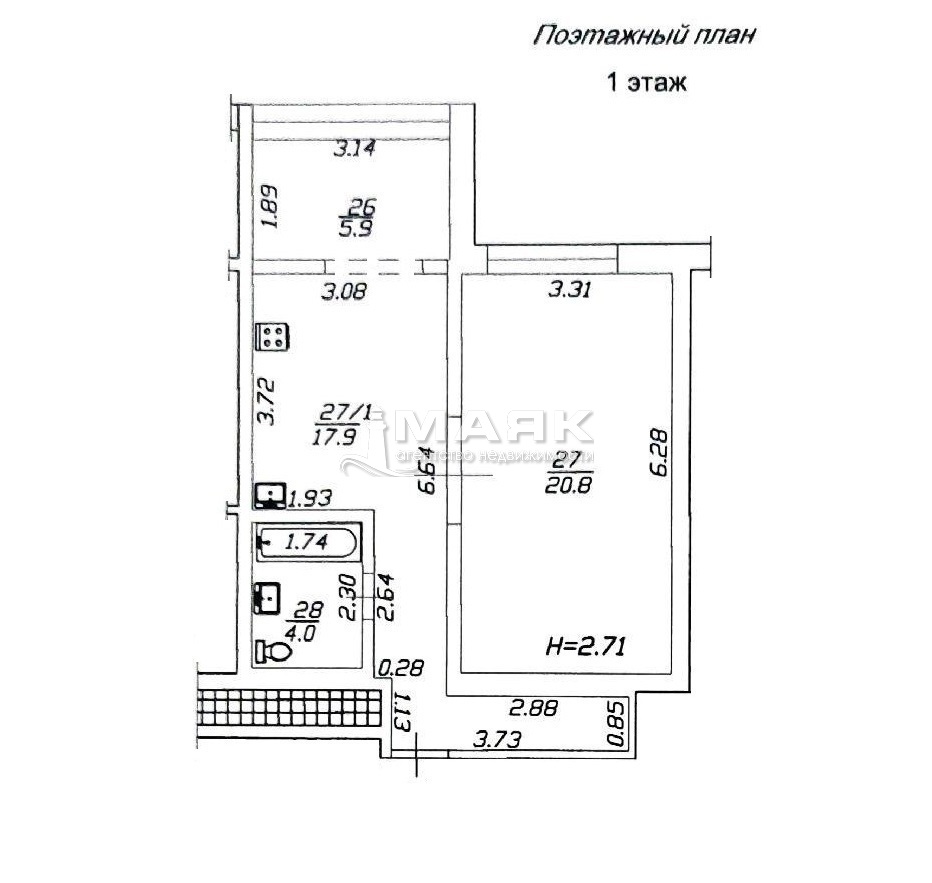 1-к. квартира 48.6 кв.м, 1/14
