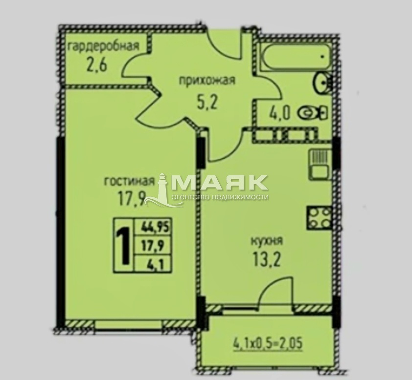 1-к. квартира 45 кв.м, 2/6