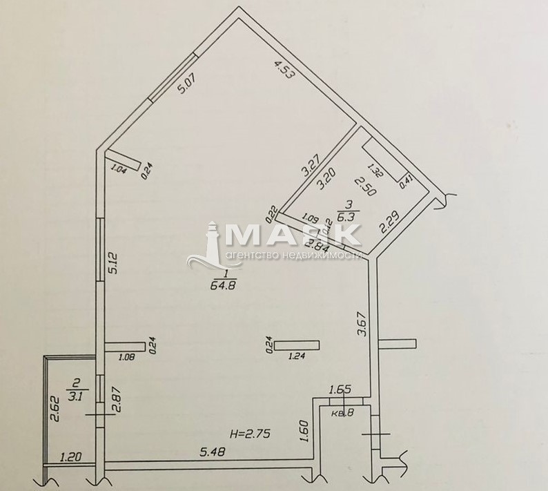 2-к. квартира 71.1 кв.м, 1/8