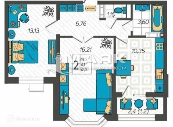 2-к. квартира 55 кв.м, 8/9
