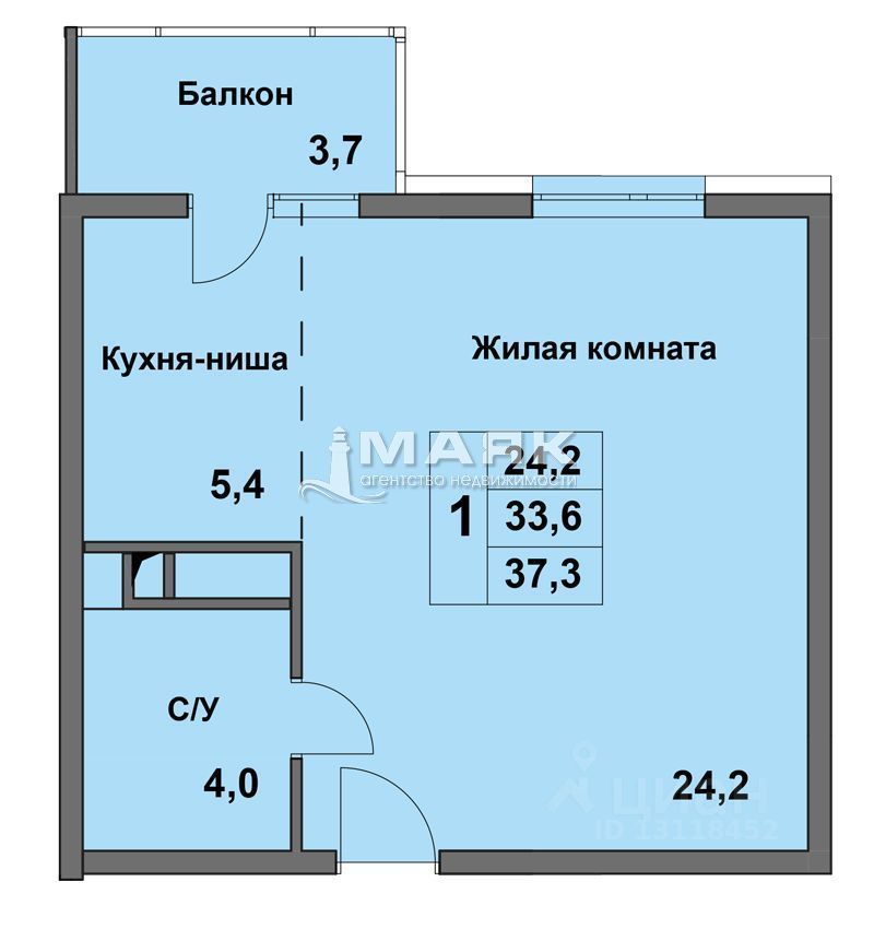 1-к. квартира 37.7 кв.м, 4/8
