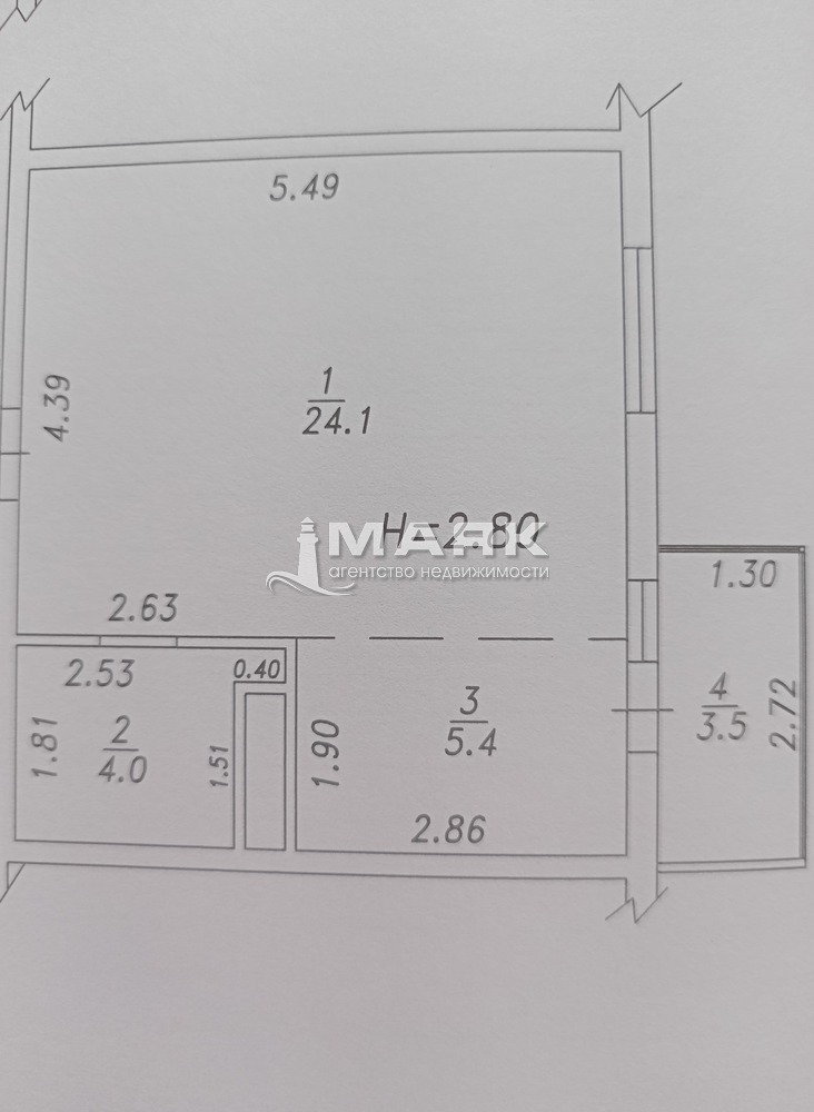 1-к. квартира 33.5 кв.м, 4/5