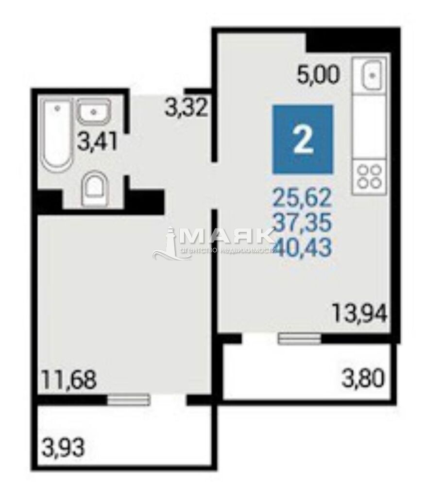 1-к. квартира 42 кв.м, 9/16