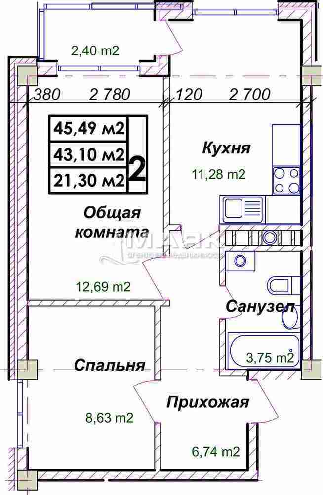 1-к. квартира 36.4 кв.м, 2/3